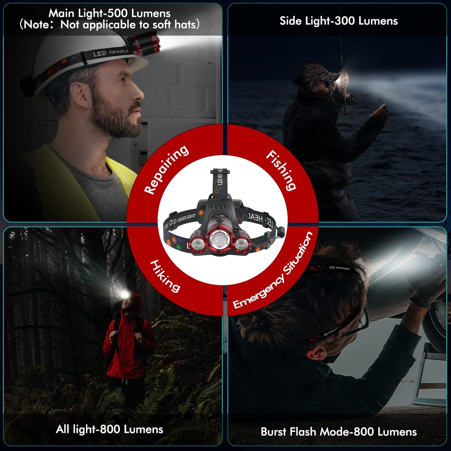 3-Lamp Red Headlamp for Adults