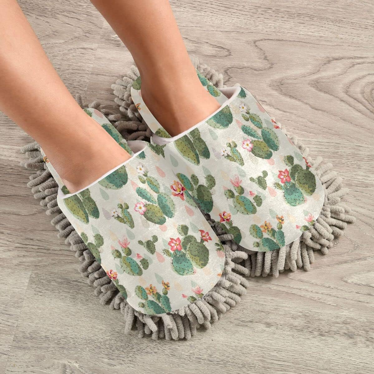 DOMIKING Cactus Flowers Mop Slippers for Women Floor Cleaning Shoes