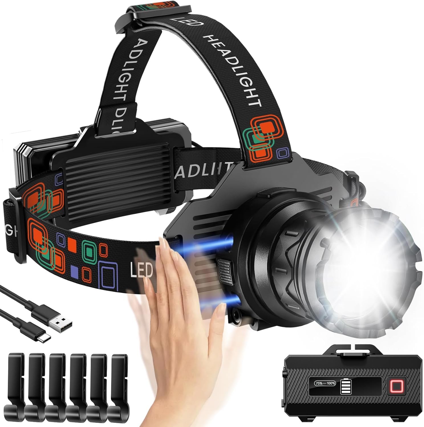 INECOKS Rechargeable Headlamp 990000 LM Motion Sensor with 9 Modes