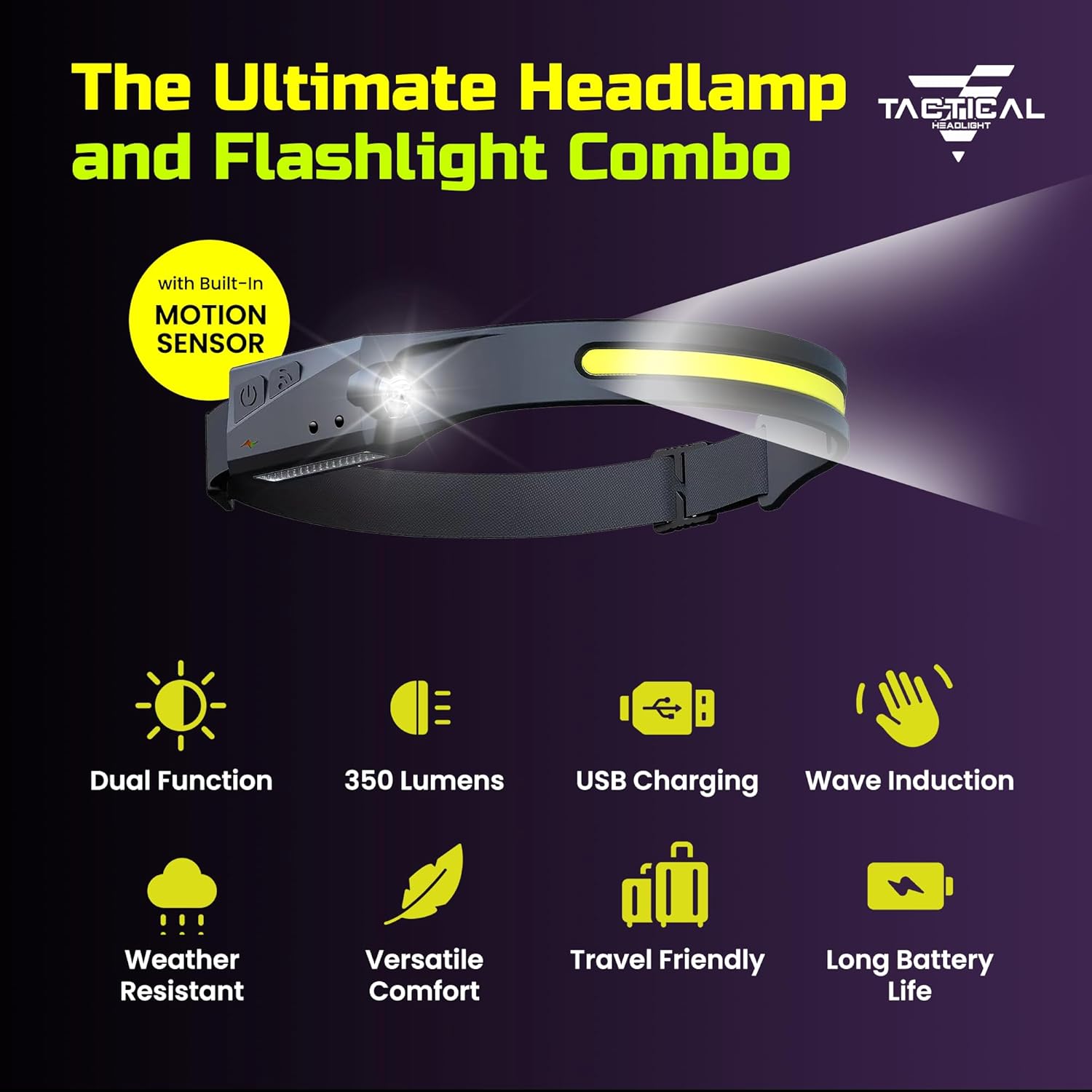 Tactical Headlamp 230 Beam Recharged with 350 Lumens IPX4 Waterproof