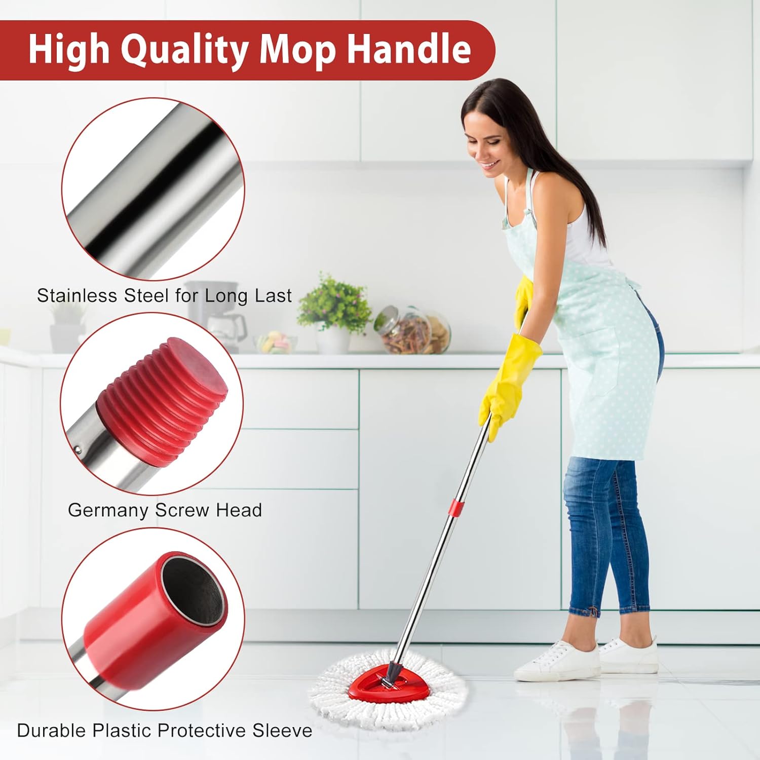 4-Section Spin Mop Handle 30-60 Extended Premium stainless steel safe reusable