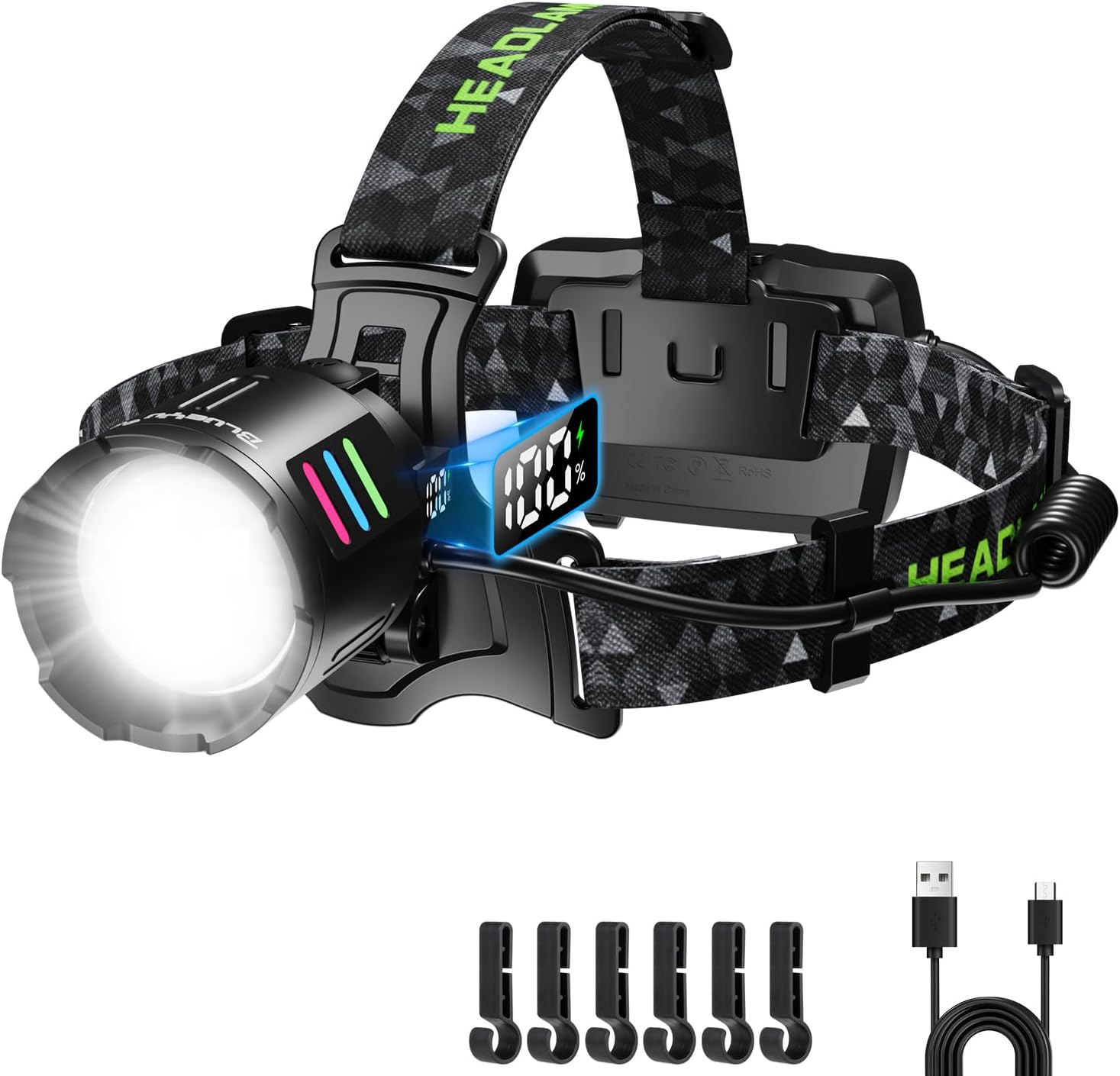 100000 Lumens Rechargeable LED Headlamp with 3 Modes and Adjustable Zoom