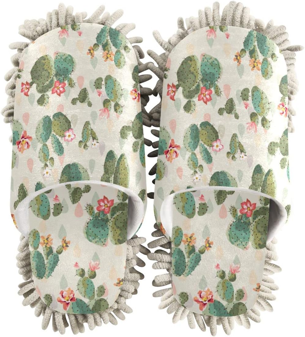 DOMIKING Cactus Flowers Mop Slippers for Women Floor Cleaning Shoes