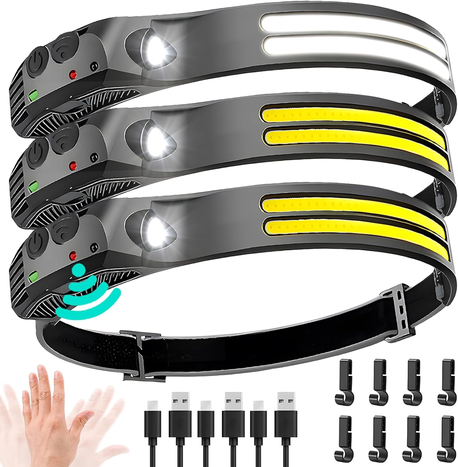 Beccason Rechargeable LED Headlamp Set with 3 Pieces for Hiking Camping