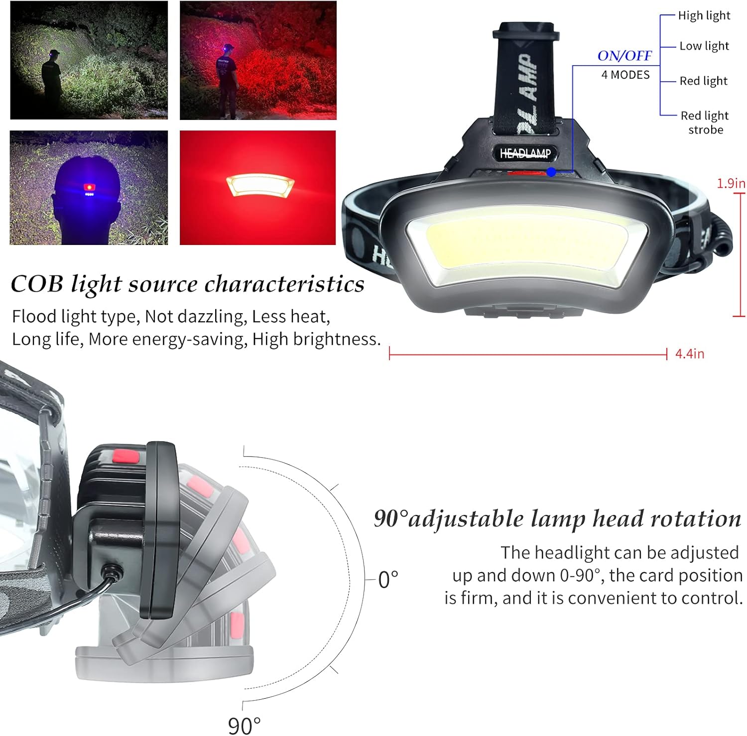 DARKBEAM Rechargeable Headlamp with COB Light and Red Strobe 2000 Lumen