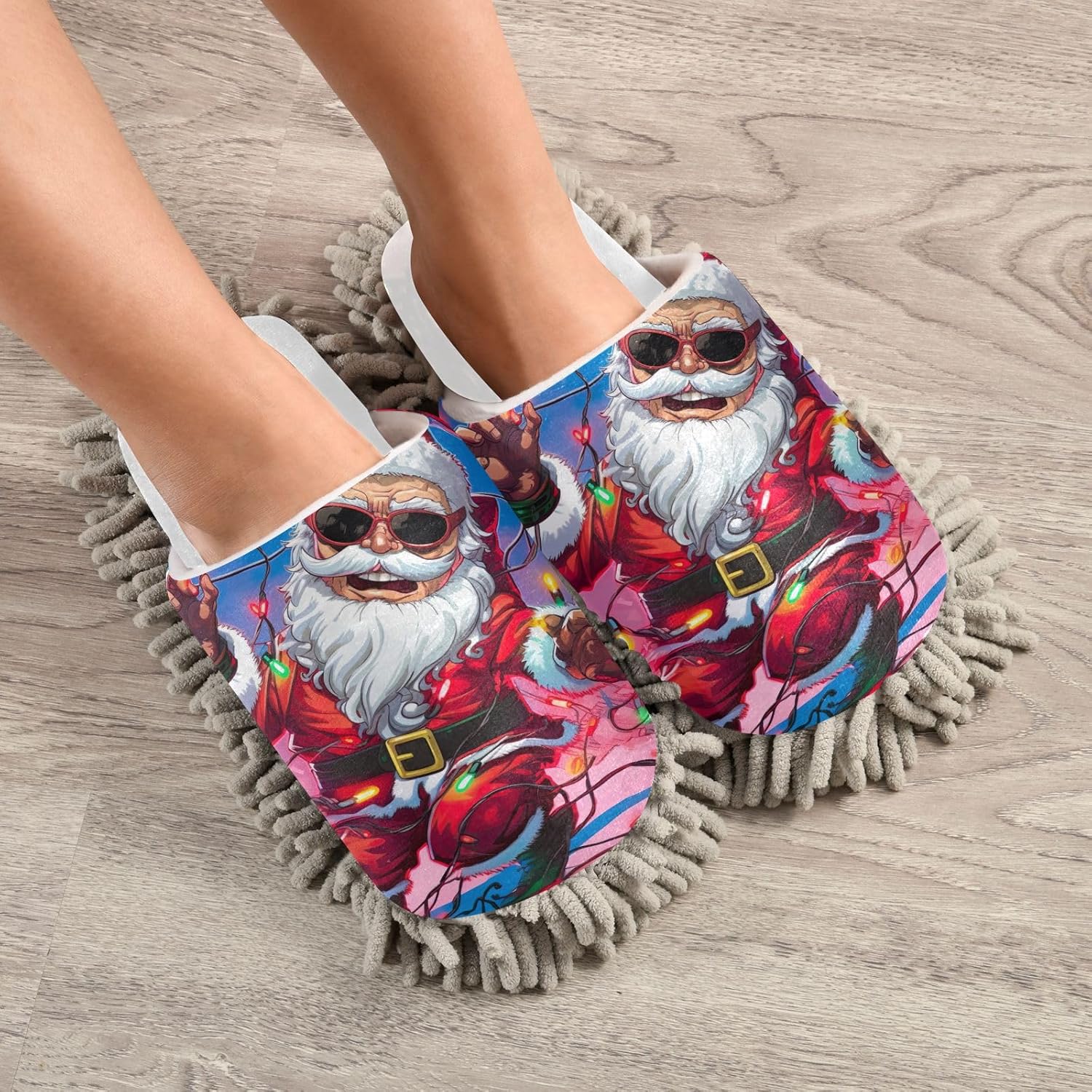 White Light Christmas Santa Mop Slippers for Dusting Cleaning