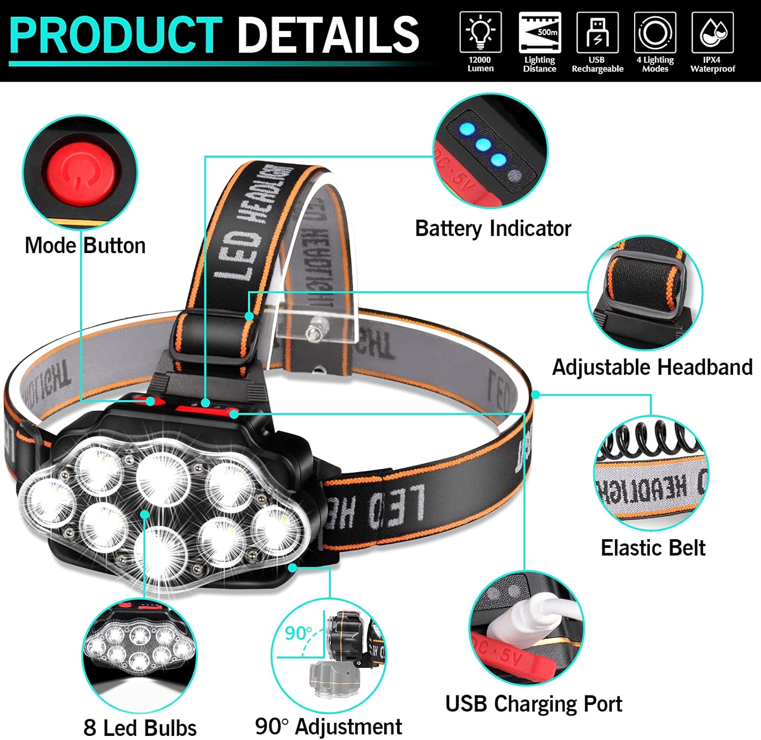 DAWINSIE Rechargeable Headlamp 8 LED 4 Modes IPX4 Waterproof