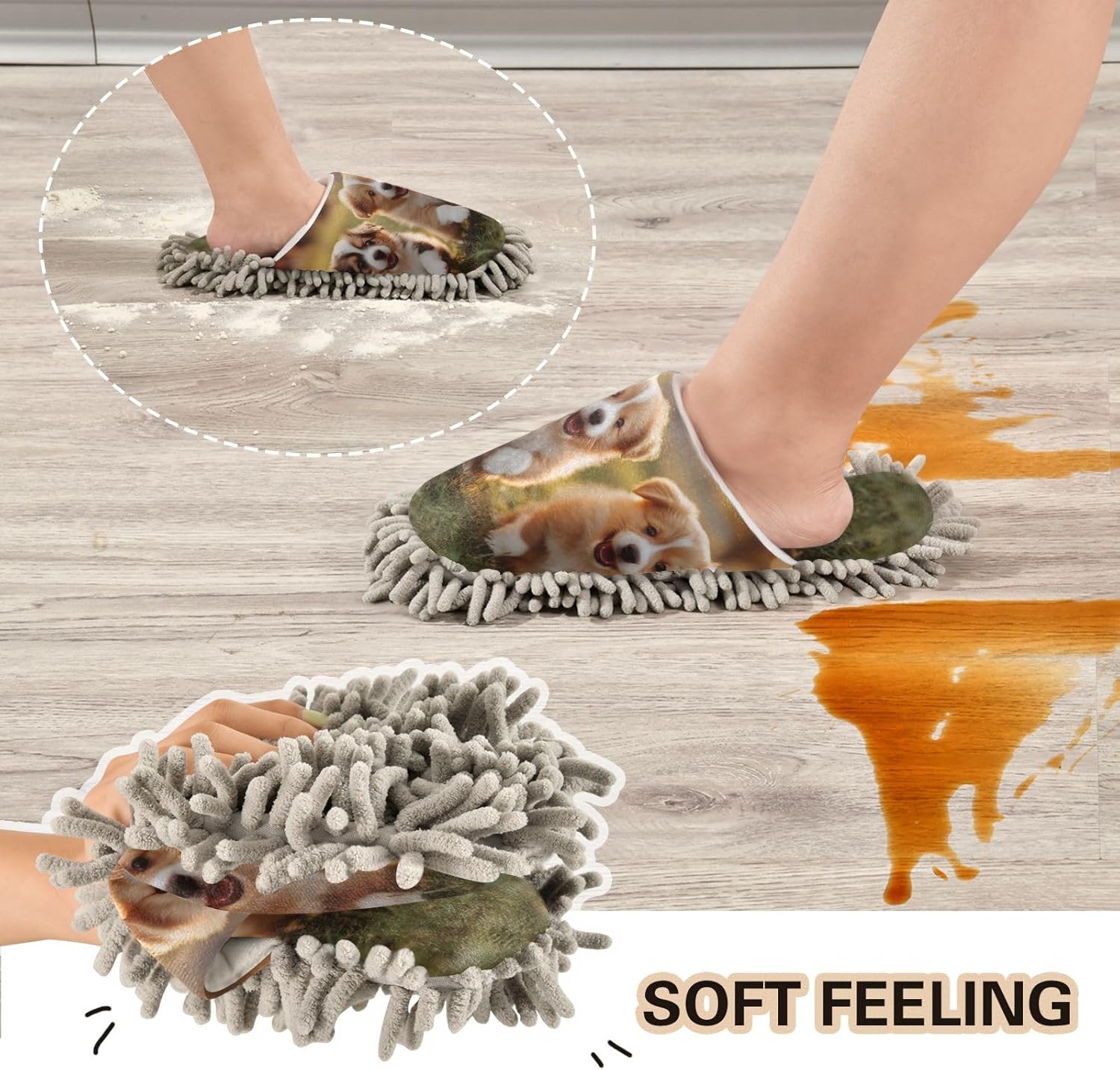FLildon Microfiber Slippers with Dog Design Washable Mop Shoes for Home
