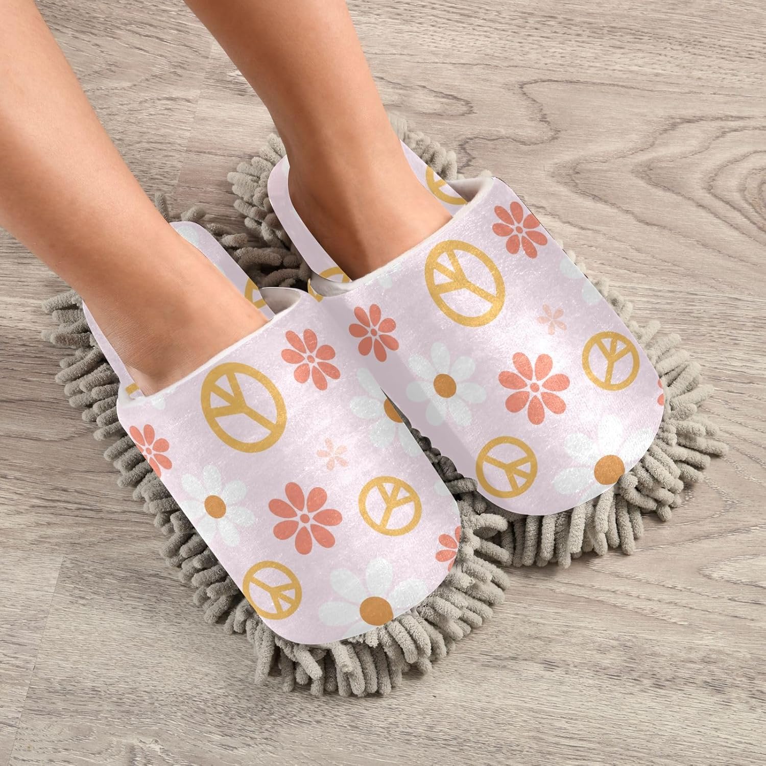 Kigai Microfiber Slippers Peace Sign Flower Pink Floor Mop Slippers