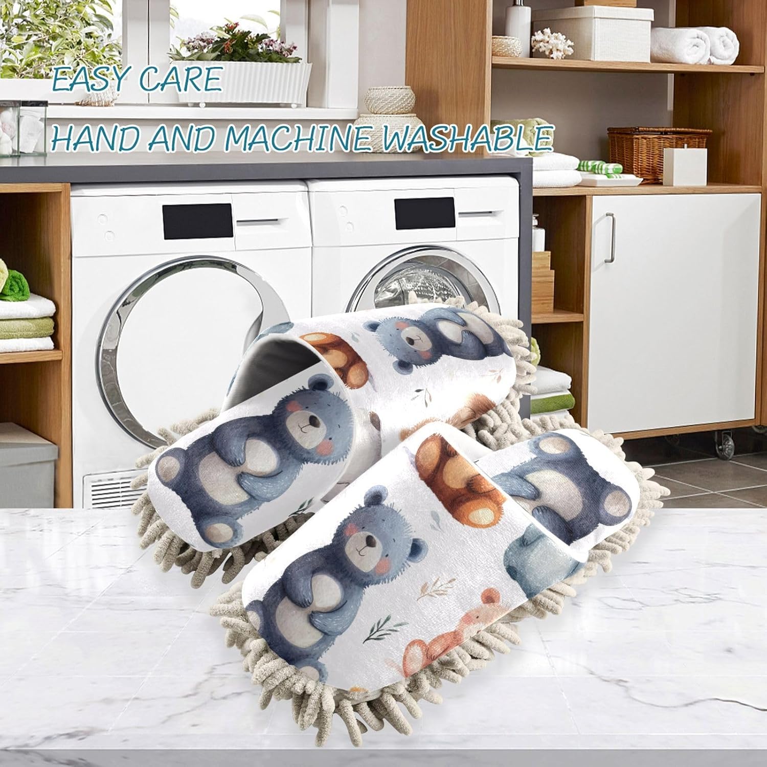 Flildon Microfiber Cleaning Slippers Cartoon Bear Mop for MenWomen Non-Slip Washable