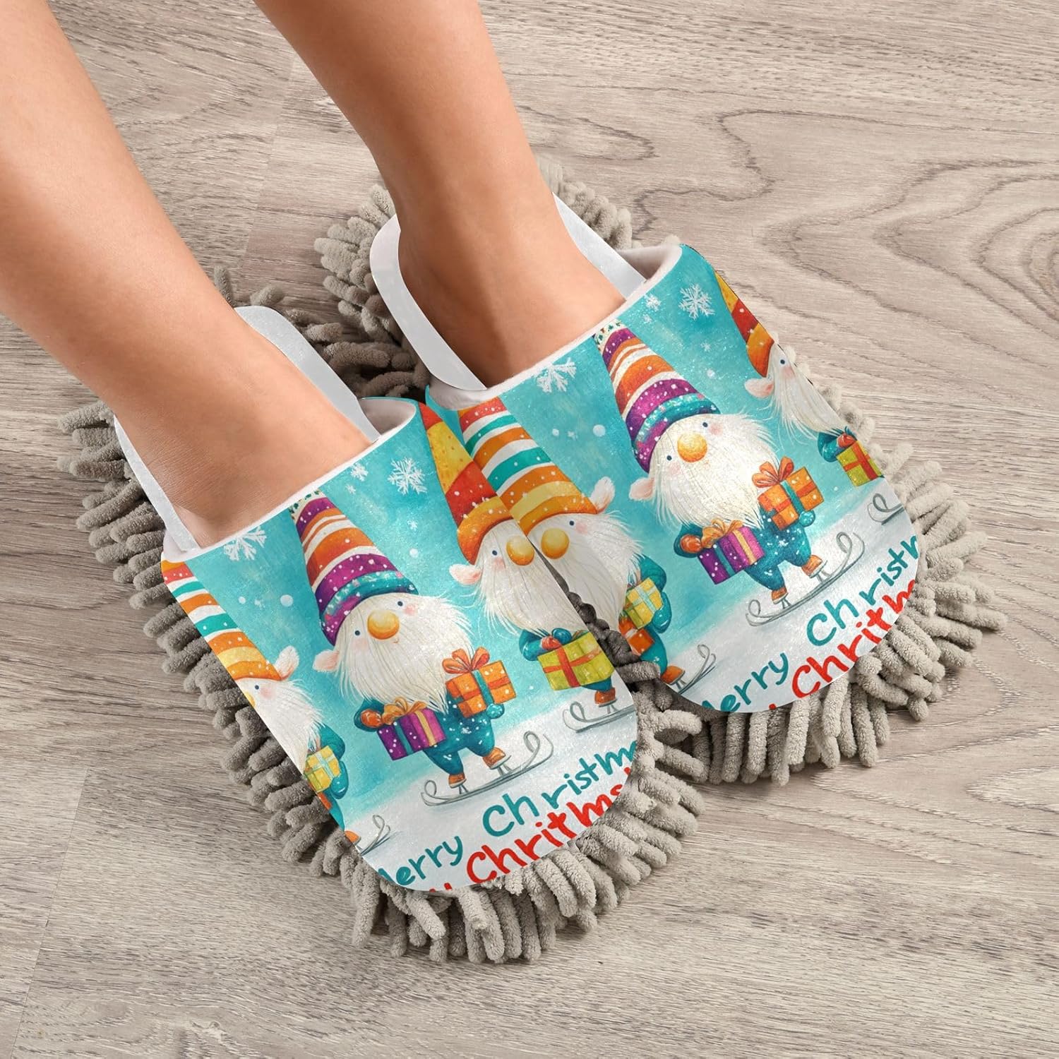White Blue Christmas Gnome Mop Slippers