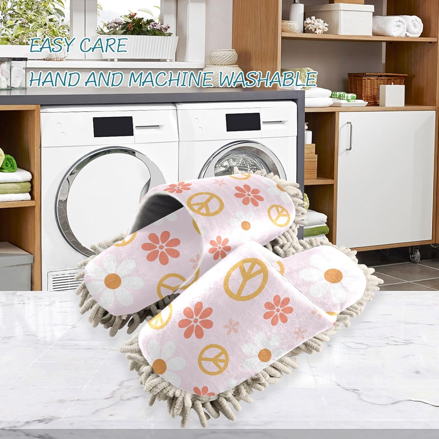 Kigai Microfiber Slippers Peace Sign Flower Pink Floor Mop Slippers