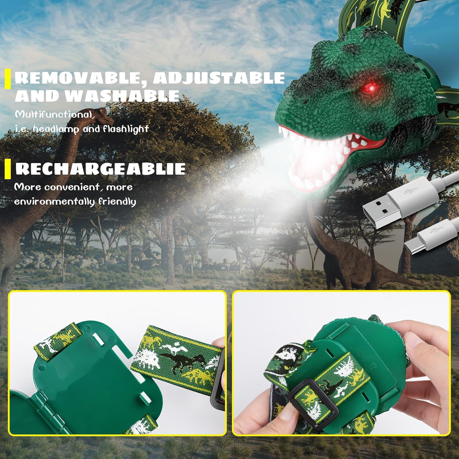Adjustable Dinosaur Headlamp for Kids