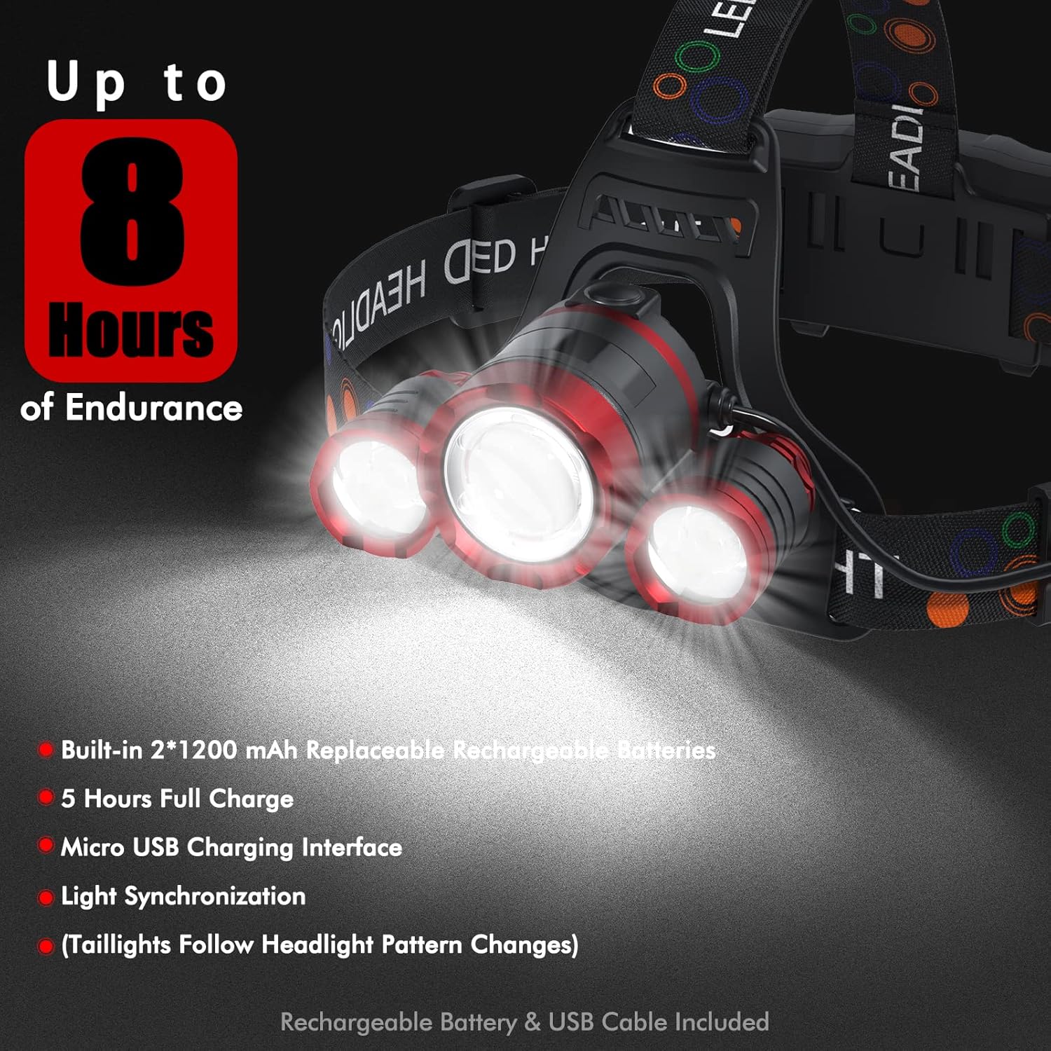 3-Lamp Red Headlamp for Adults