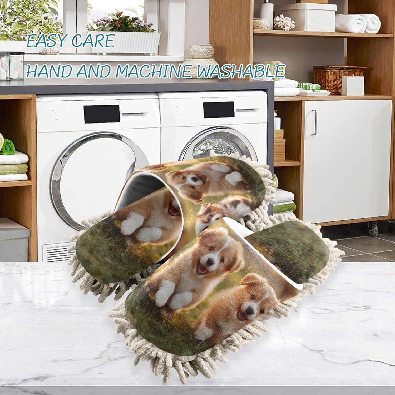 FLildon Microfiber Slippers with Dog Design Washable Mop Shoes for Home
