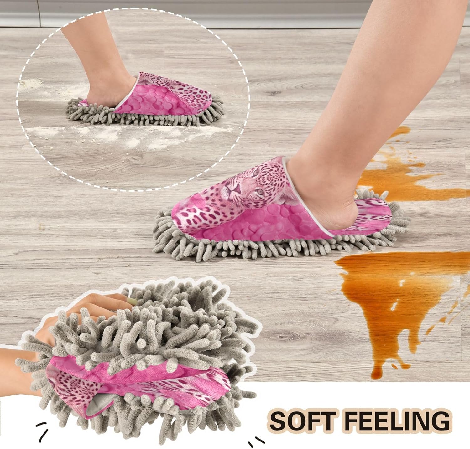 Leopard Kitchen Slippers Microfiber Mop Shoes for Cleaning Dusting