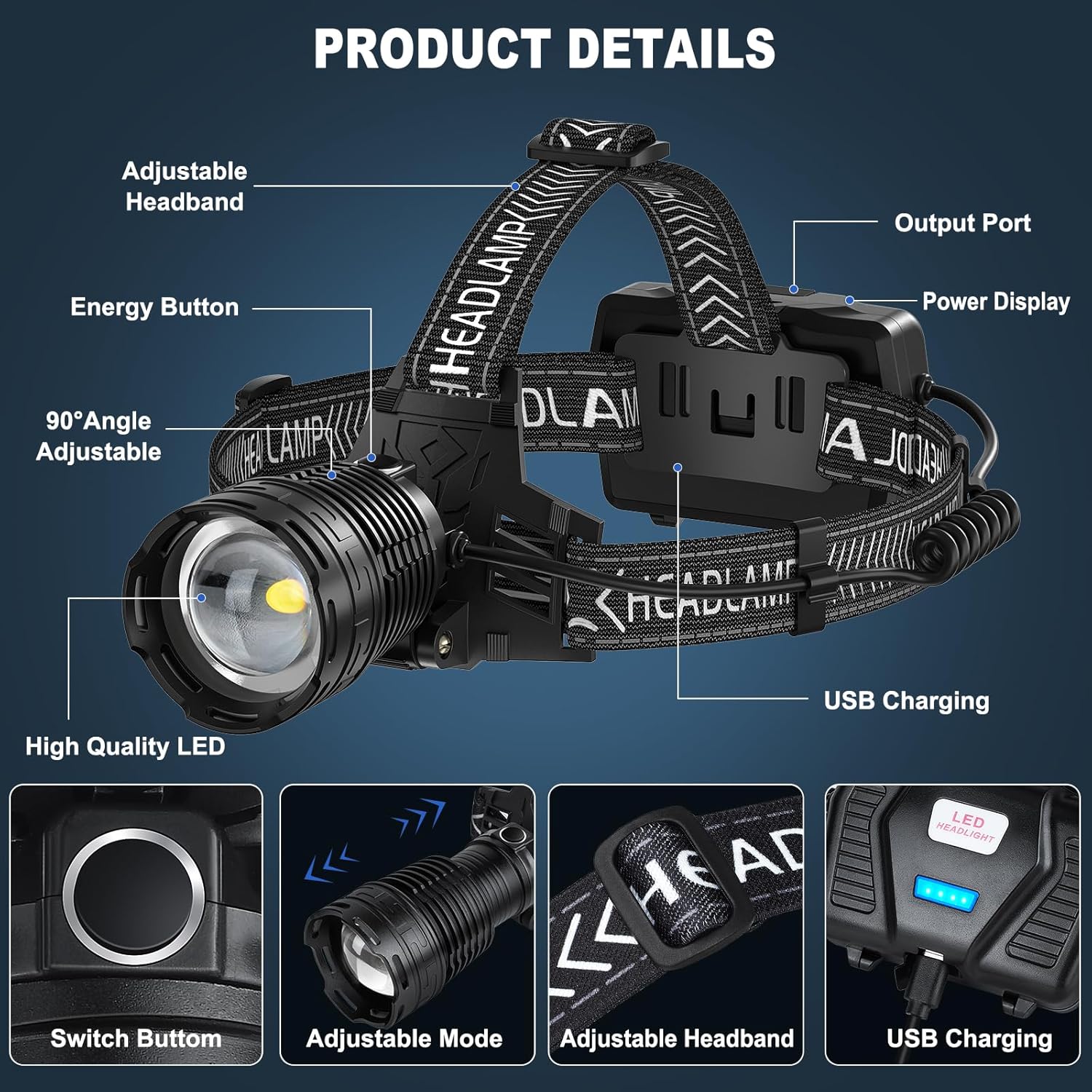 Kungf Rechargeable Headlamp 990000 Lumens Adjustable