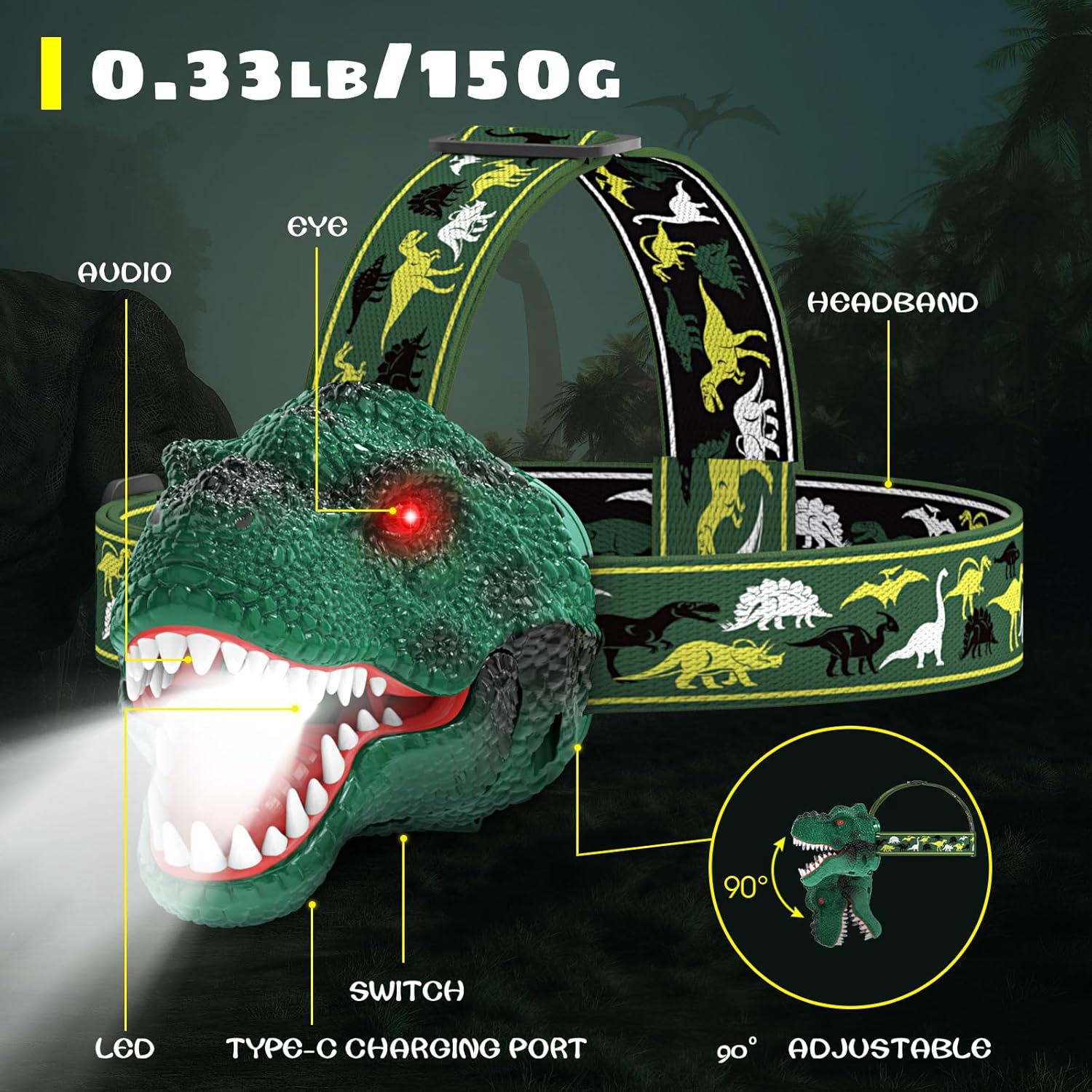 Adjustable Dinosaur Headlamp for Kids