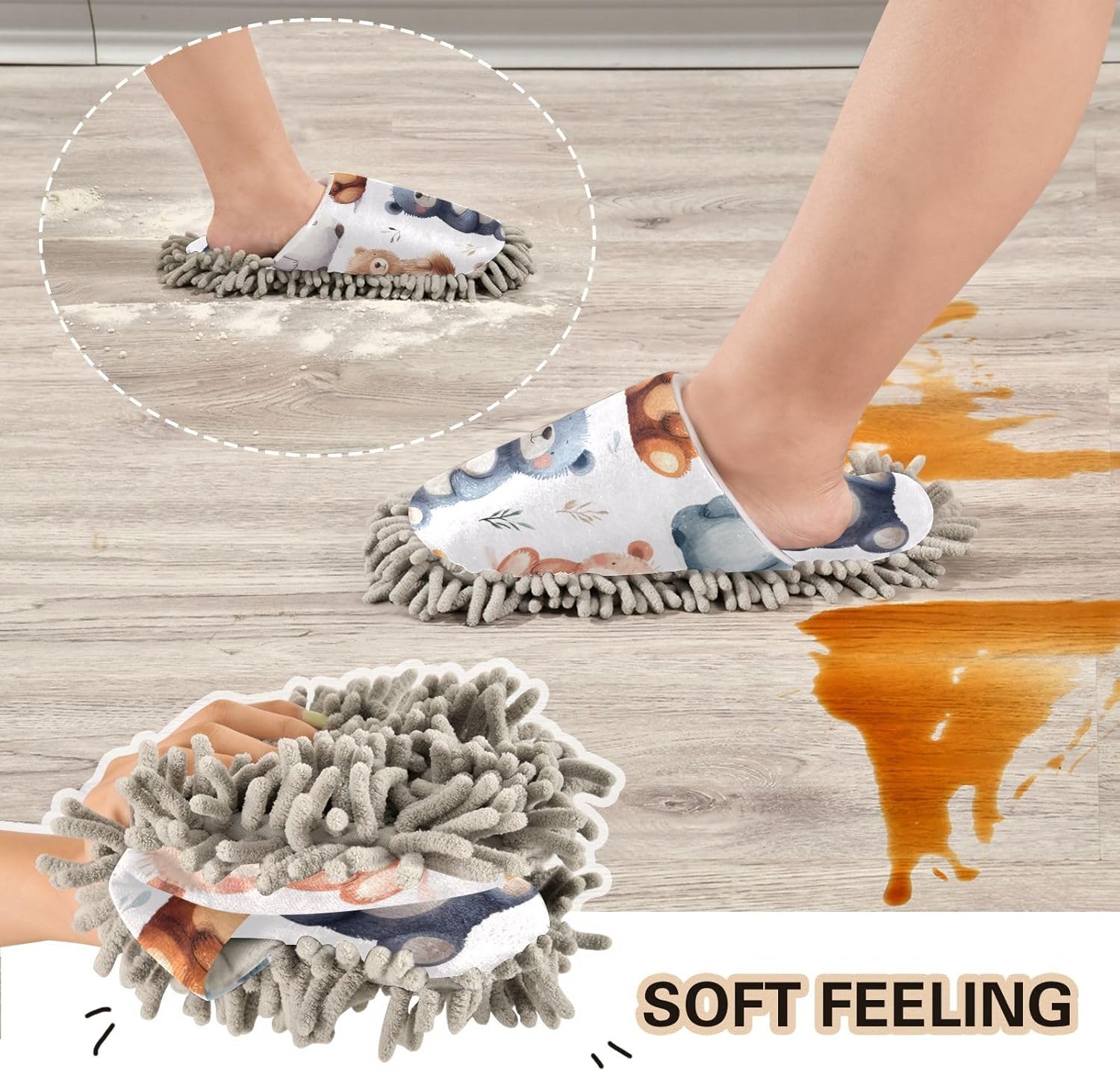 Flildon Microfiber Cleaning Slippers Cartoon Bear Mop for MenWomen Non-Slip Washable