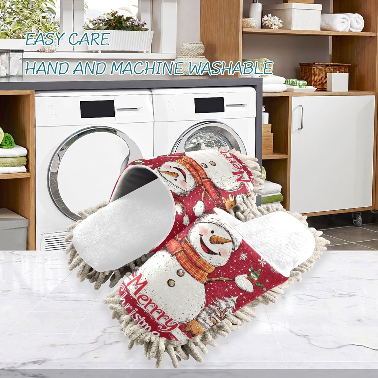 RunningBear White Red Snowman Mop Slippers Xmas