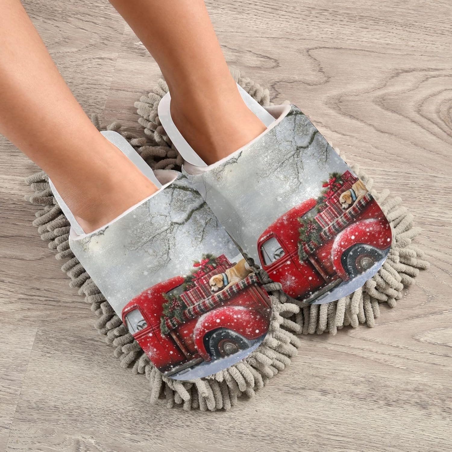 Cozy Red Truck Slippers for Women Soft Mopping Shoes Efficient Cleaning