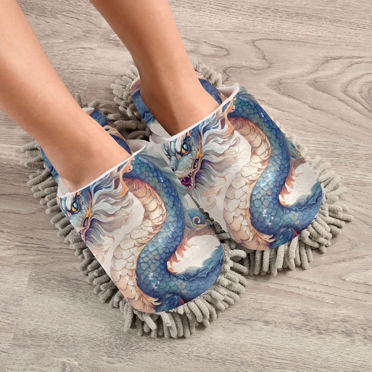 FLildon Microfiber Cleaning Slippers - Dragon Blue Washable Floor Mop Slipper