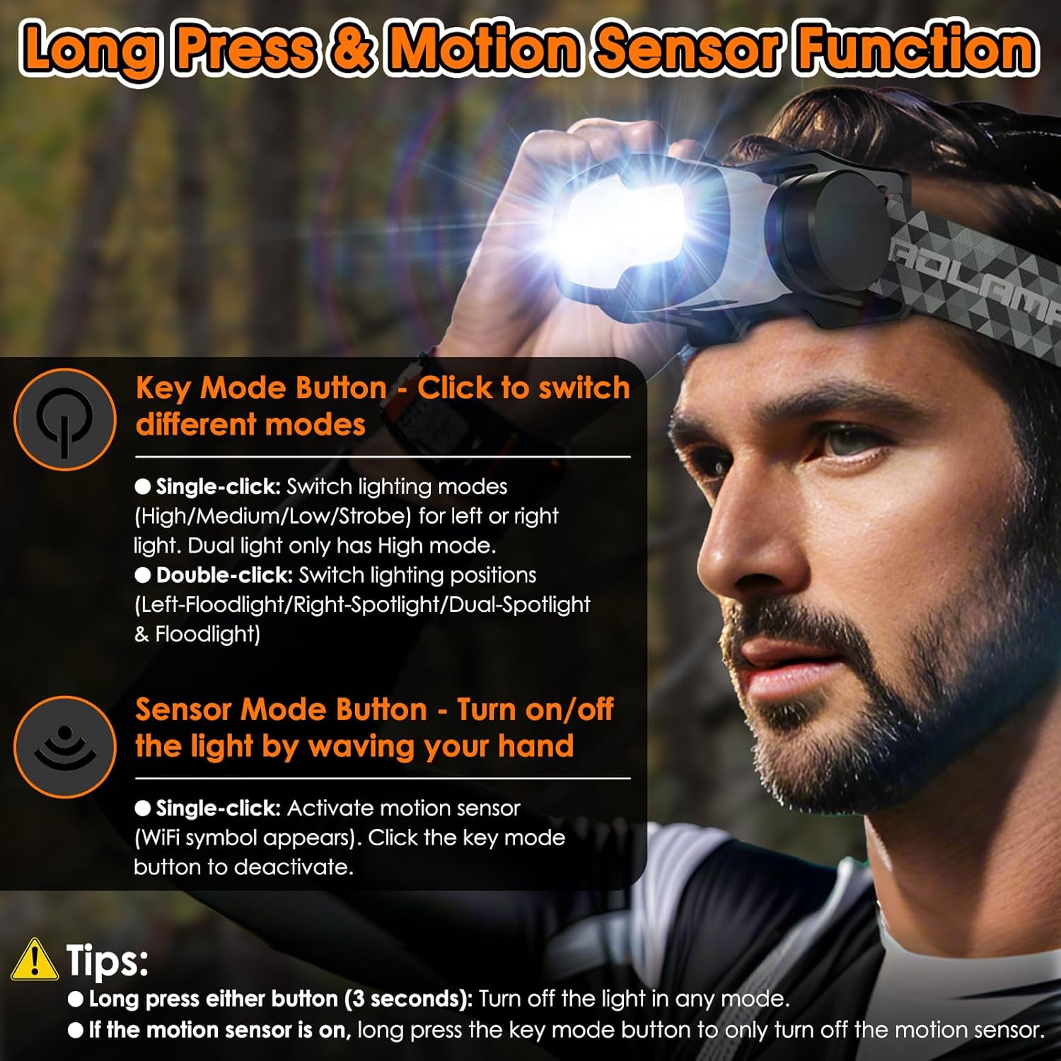 BOBKID Rechargeable 1500 Lumen Headlamp with 9 Modes and Motion Sensors