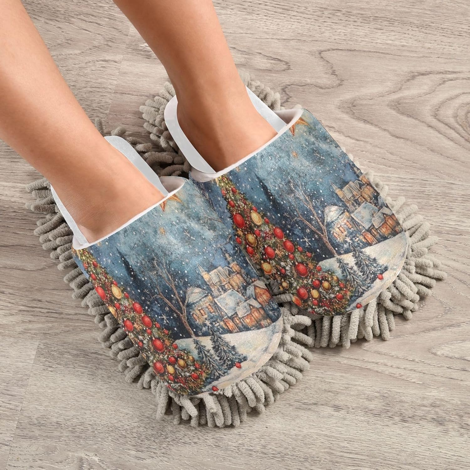 White Christmas Starry Night Tree Mop Slippers