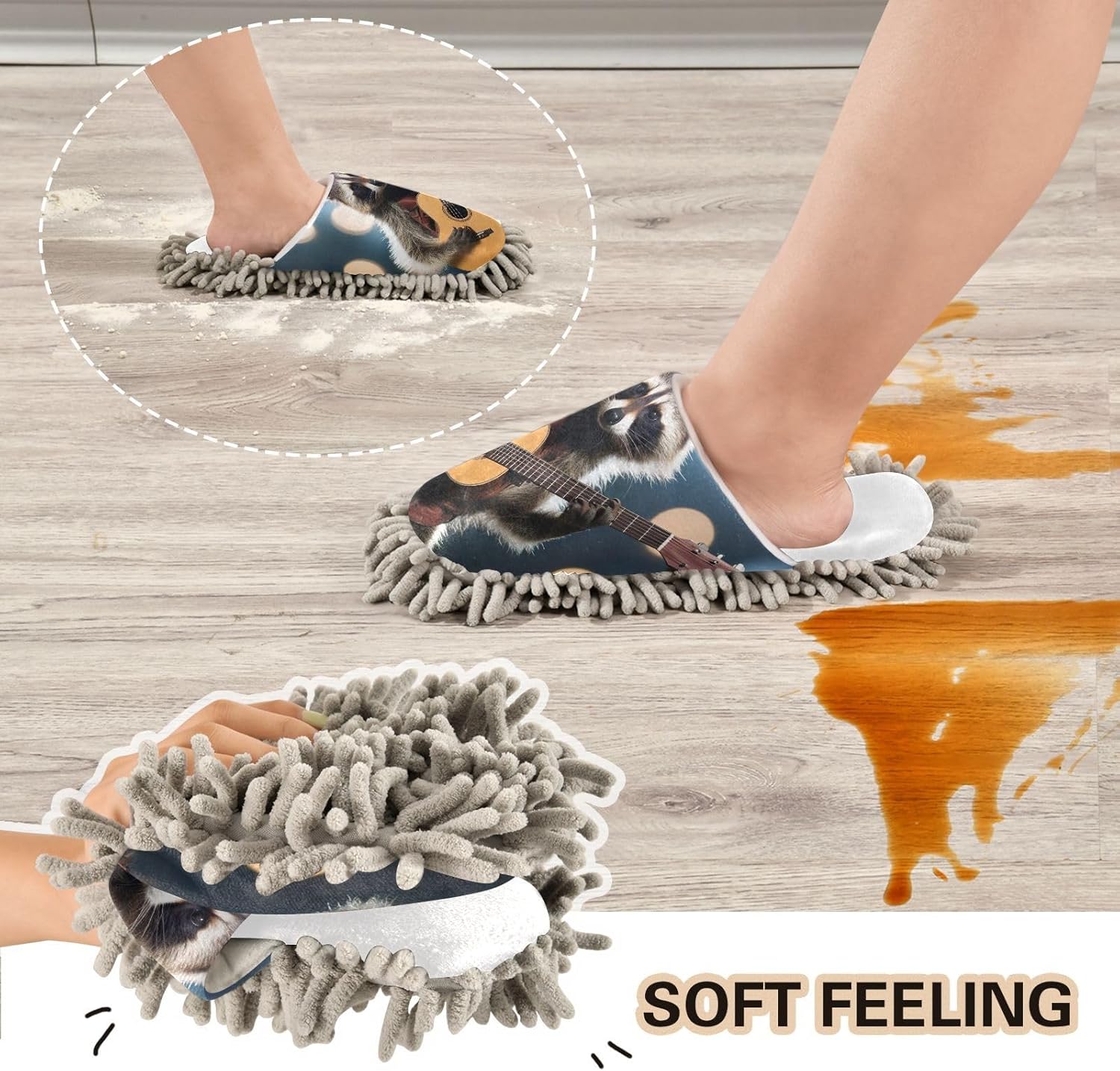 White Raccoon Guitar Mop Slippers for Women Men