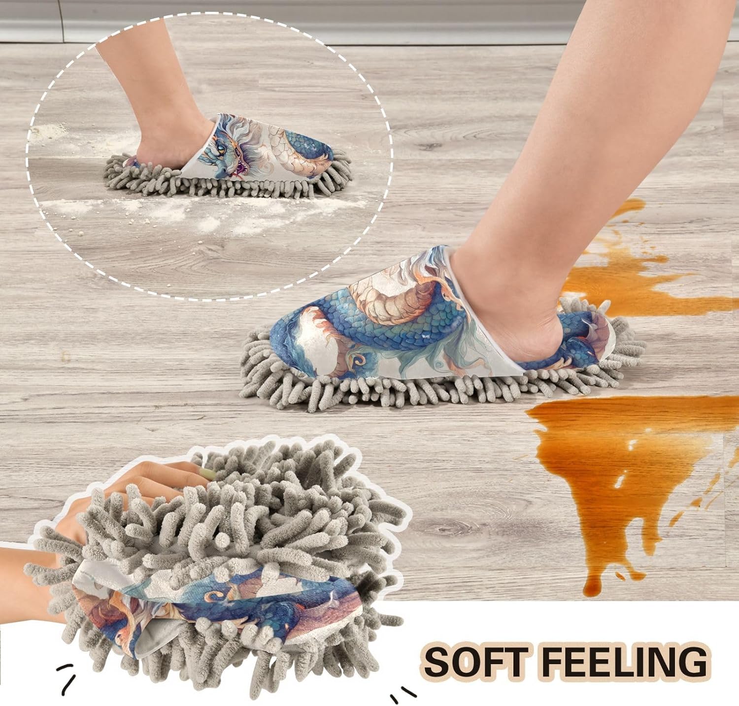 FLildon Microfiber Cleaning Slippers - Dragon Blue Washable Floor Mop Slipper