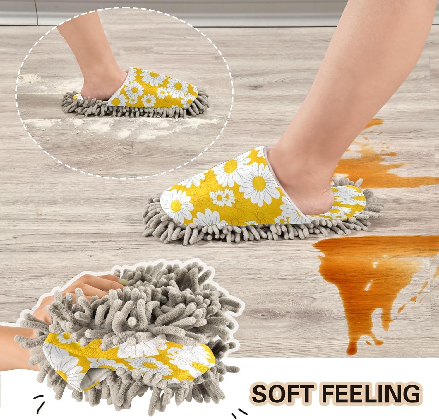 White Daisy Kitchen Cleaning Slippers - Washable Mop Shoes for MenWomen