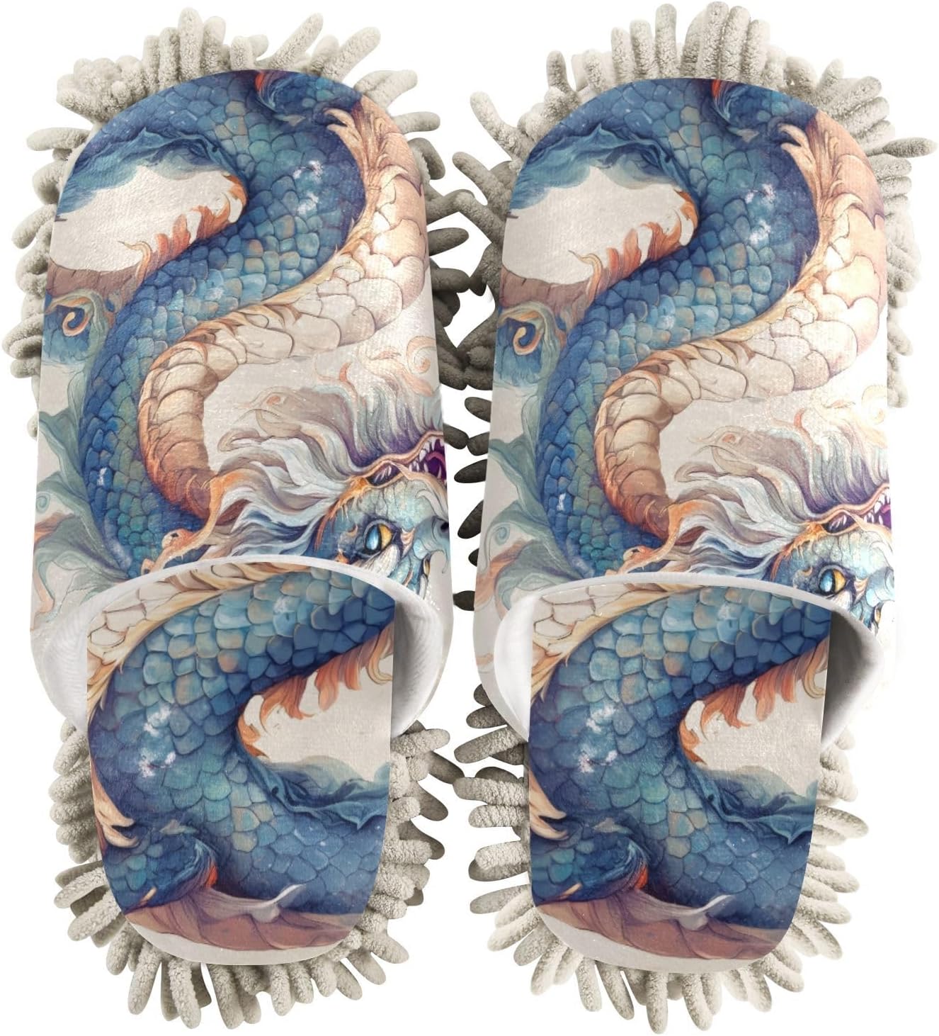 FLildon Microfiber Cleaning Slippers - Dragon Blue Washable Floor Mop Slipper