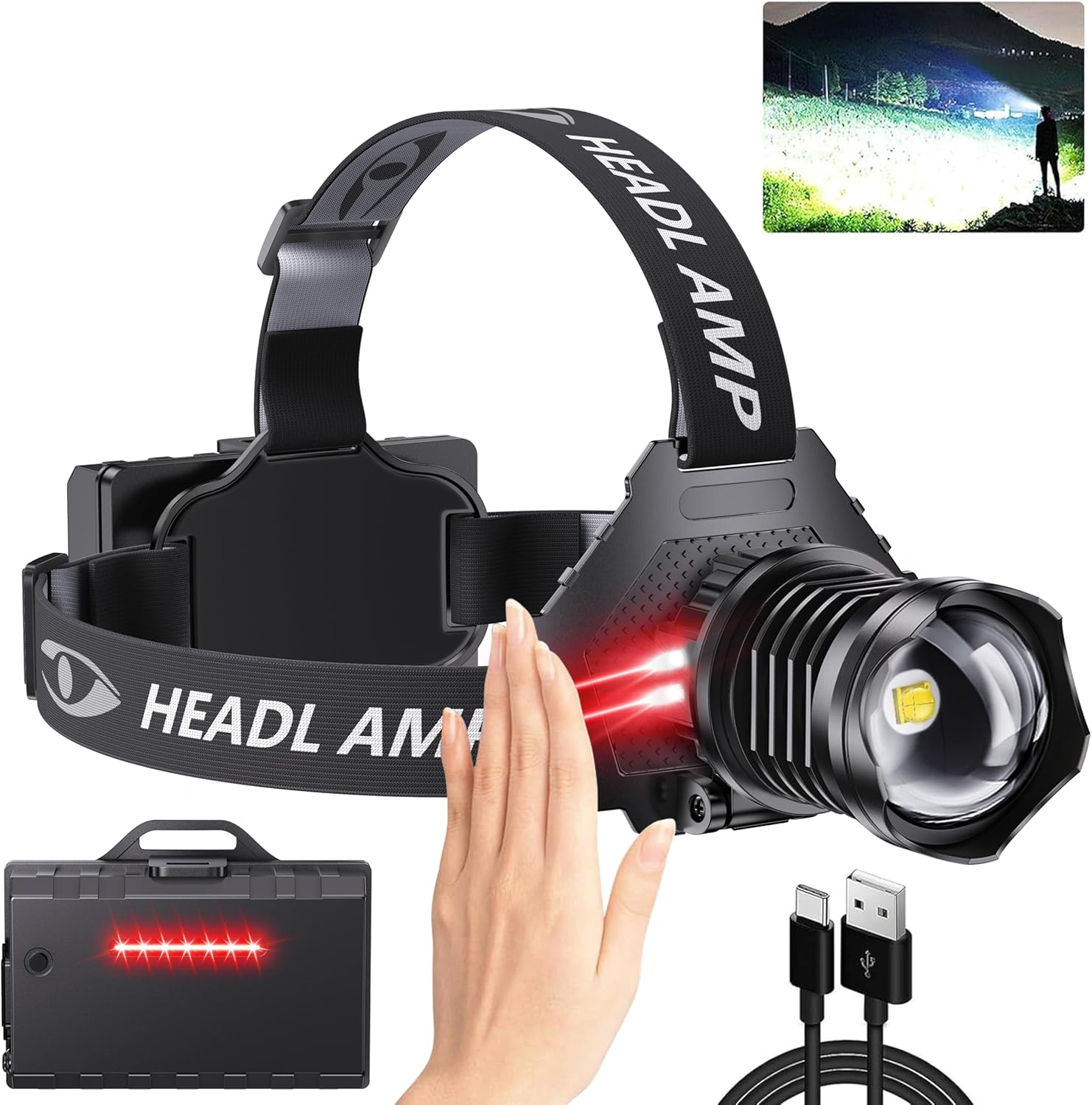 AMAKER LED Rechargeable Headlamp with 5 Modes and IPX7 Waterproof
