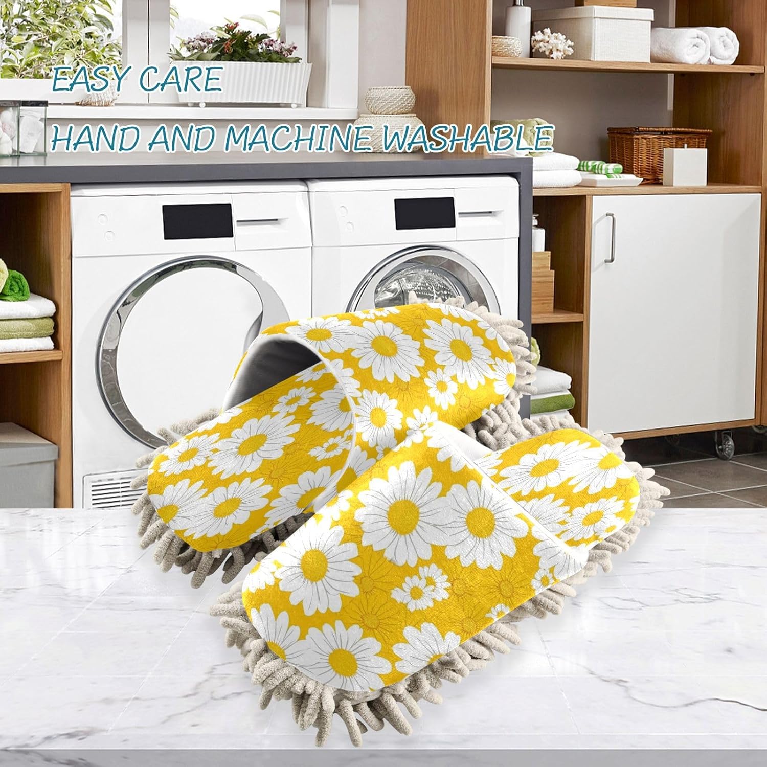 White Daisy Kitchen Cleaning Slippers - Washable Mop Shoes for MenWomen