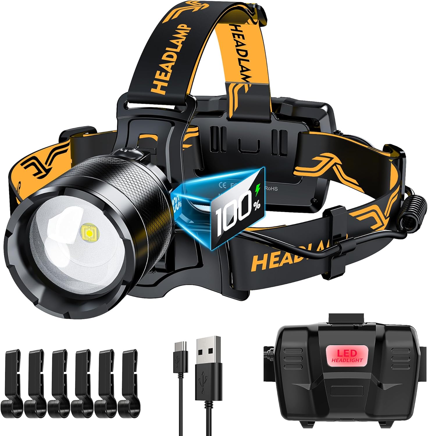 150000 LM Rechargeable Headlamp with 8 Modes IP68 Waterproof