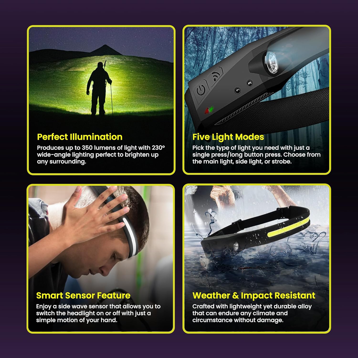 Tactical Headlamp 230 Beam Recharged with 350 Lumens IPX4 Waterproof