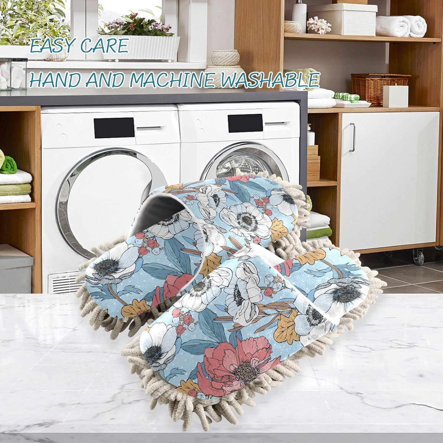 Kigai Microfiber Slippers with Peonies Pattern - Perfect for Floor Cleaning