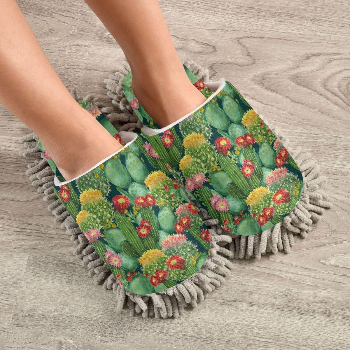 DOMIKING Cactus Flowers Microfiber Mop Slipper Shoes for Men
