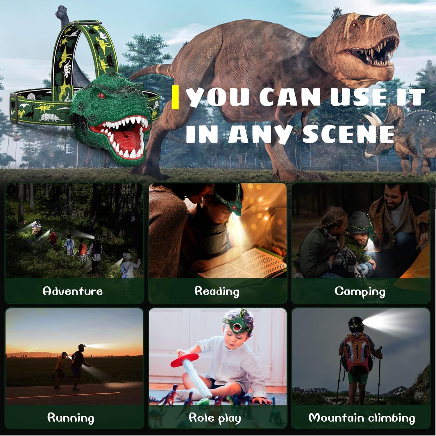 Adjustable Dinosaur Headlamp for Kids