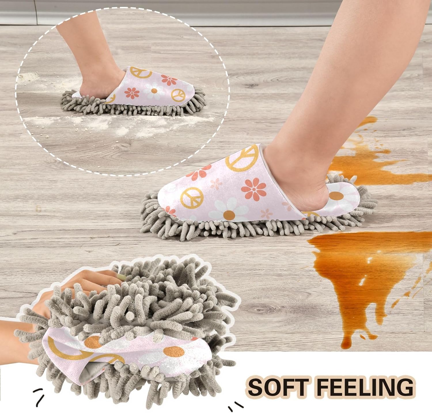Kigai Microfiber Slippers Peace Sign Flower Pink Floor Mop Slippers