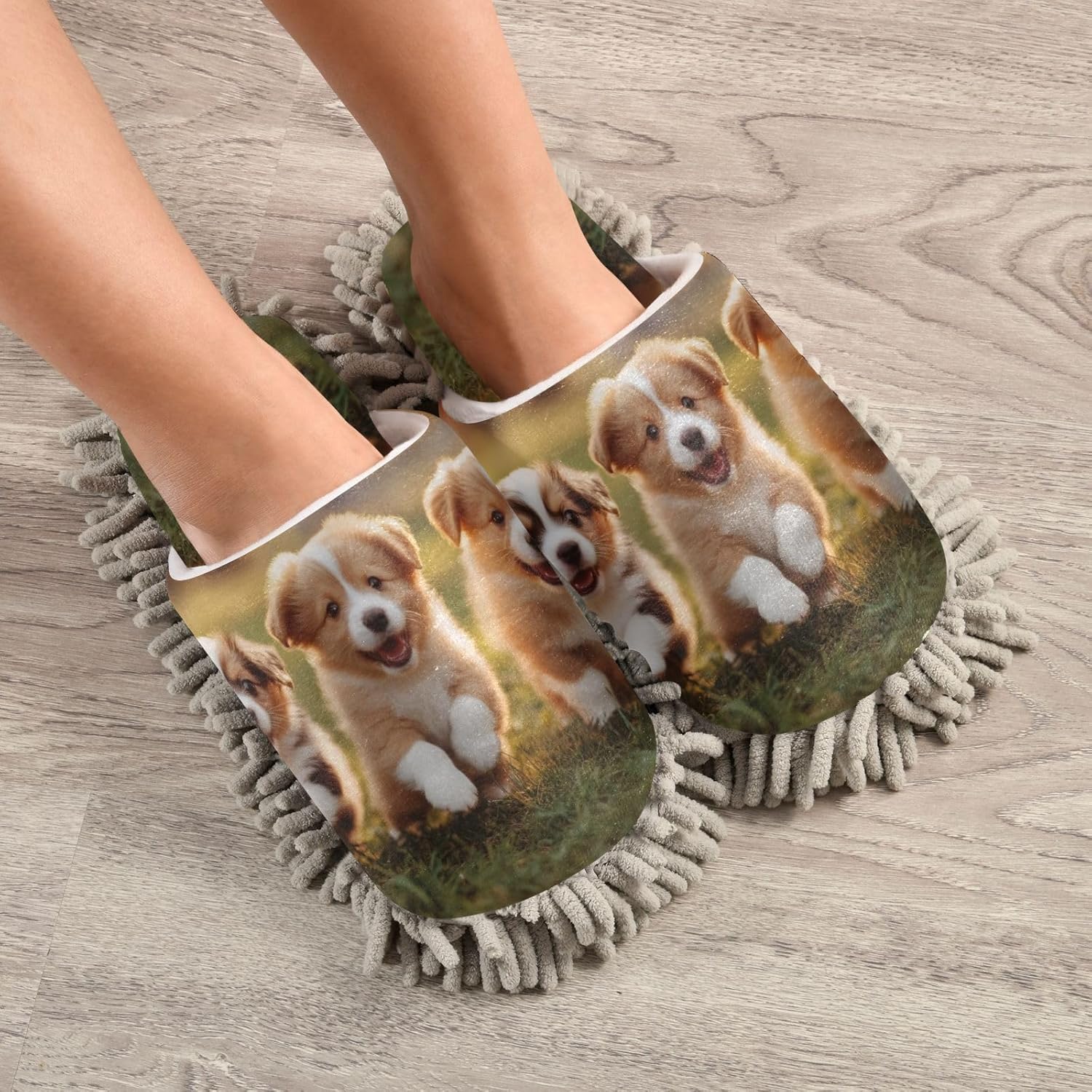 FLildon Microfiber Slippers with Dog Design Washable Mop Shoes for Home