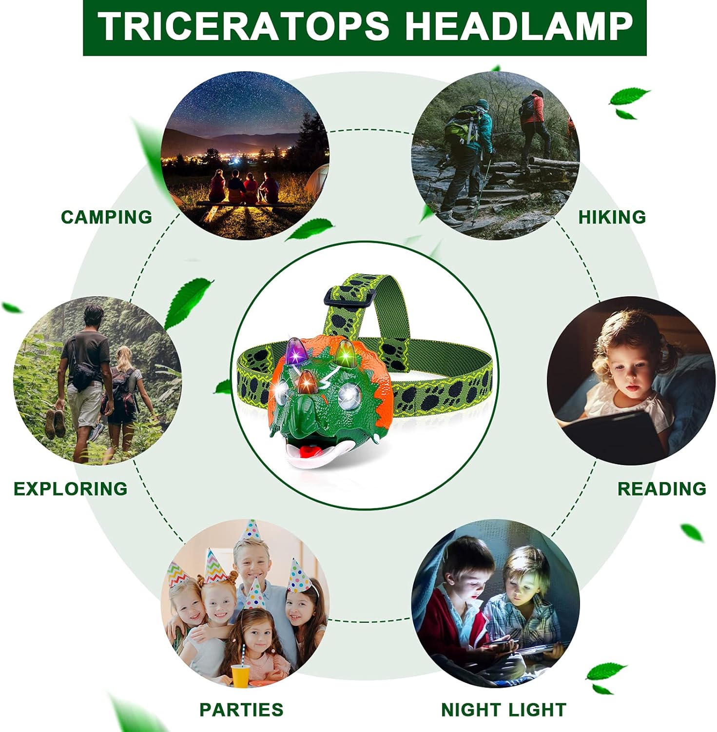 TIGTECGAME Triceratops LED Headlamp - Dinosaur Camper Lights 4 Mode Adjustable