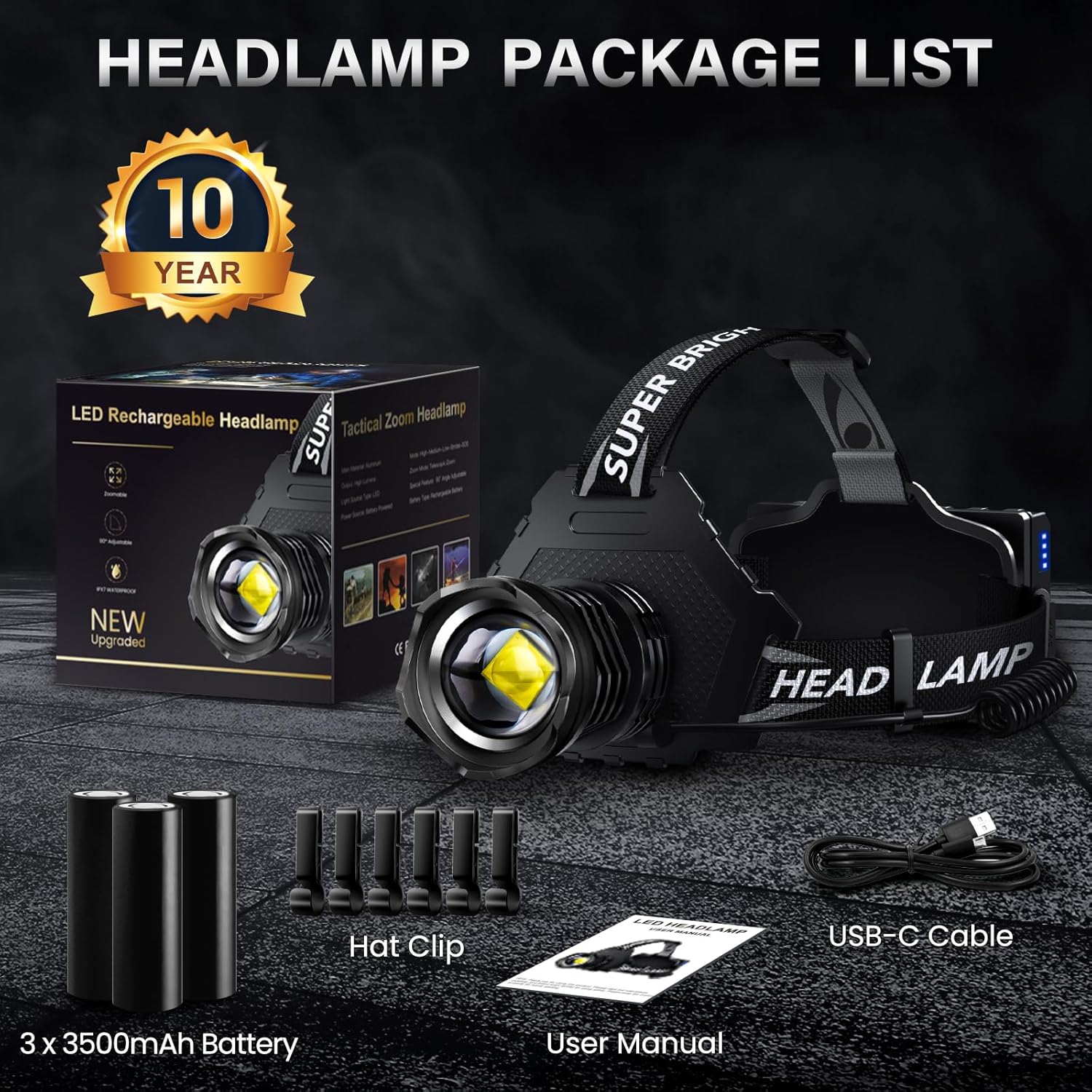 Intense Expand Adjust Rechargeable LED Headlamp for Camping Hiking