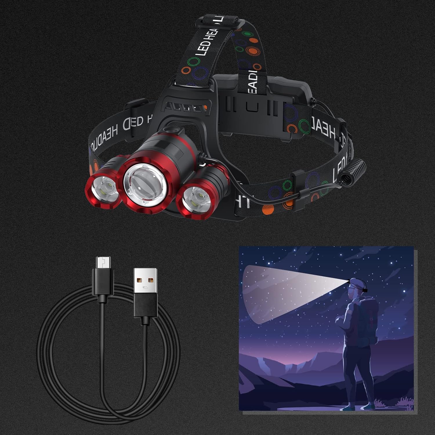 3-Lamp Red Headlamp for Adults