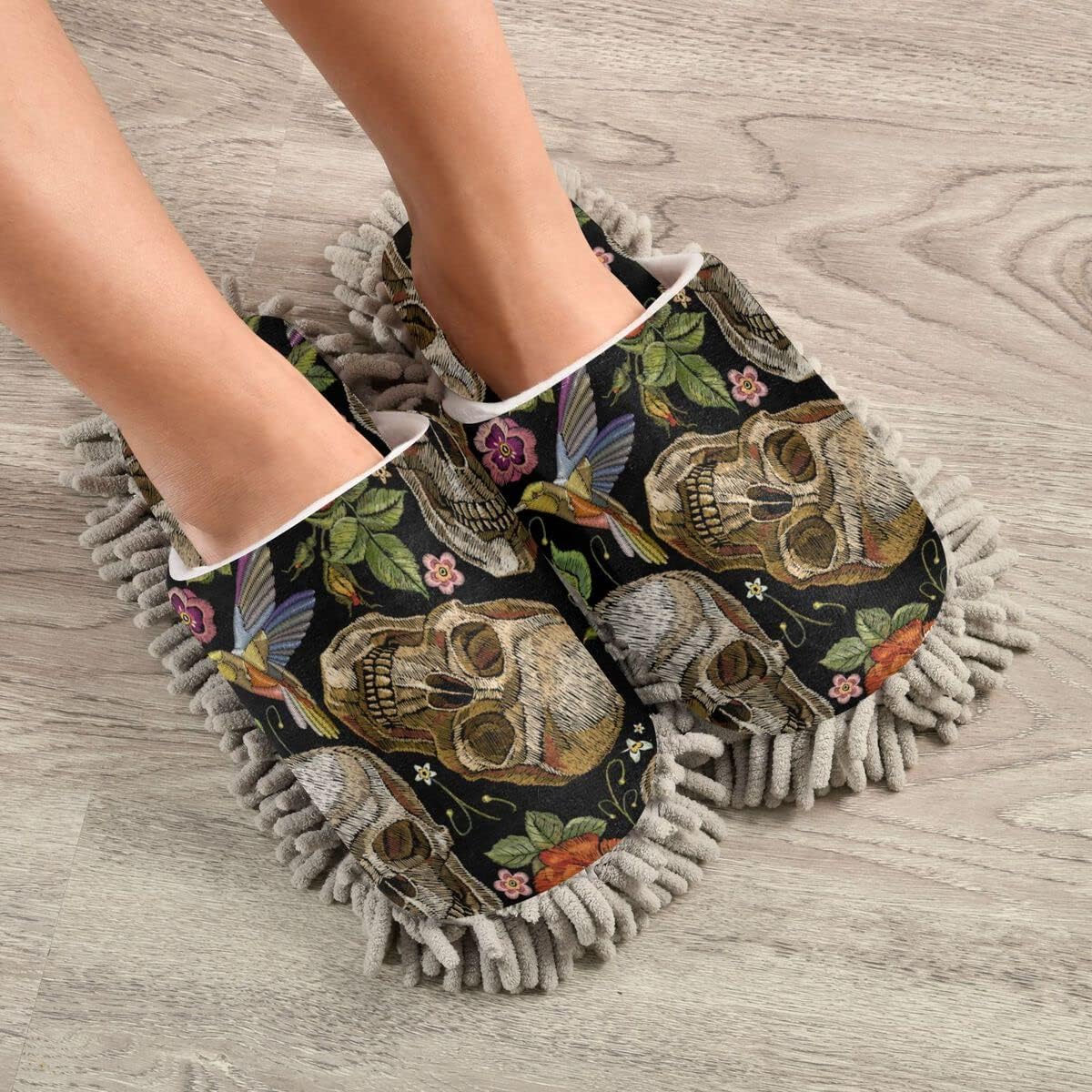 Size ML Embroidery Skull Roses Slippers Washable
